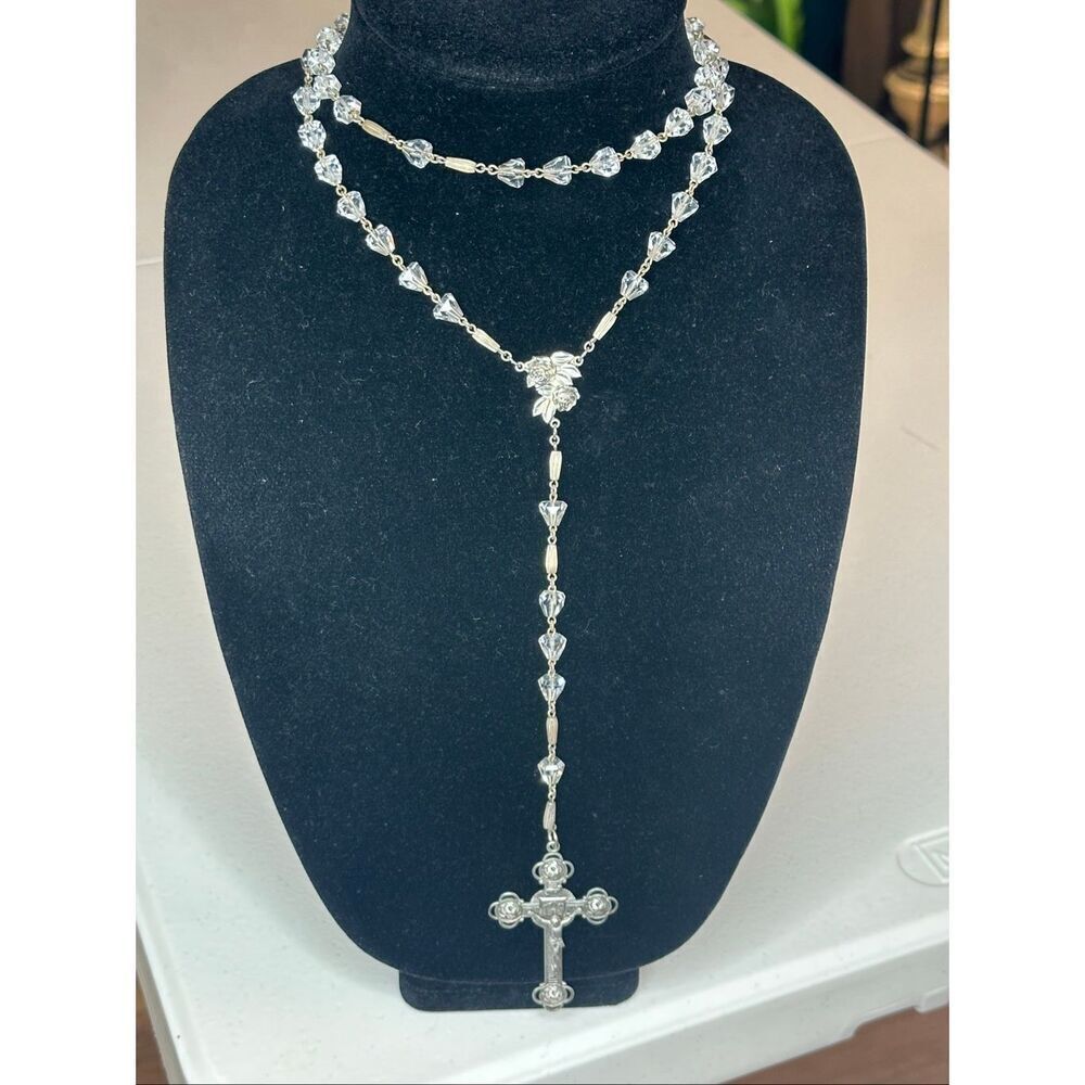 Vintage AFCO Sterling Silver Crucifix with Clear Faceted Crystal Beads Rosary
